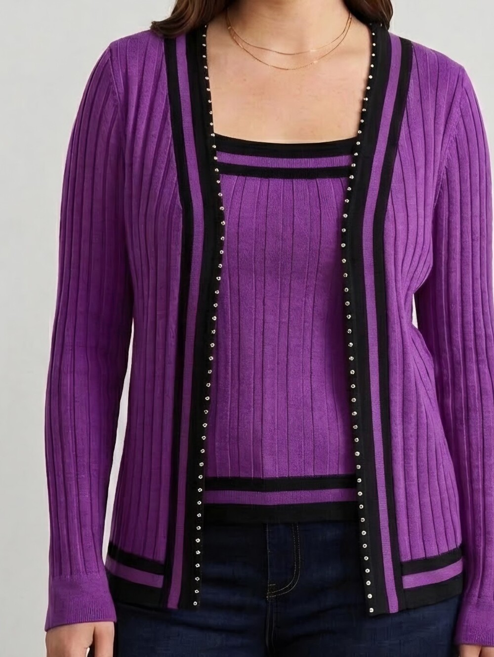 Belldini Purple Cardigan Set with Black Trim & Rhinestone Detail.